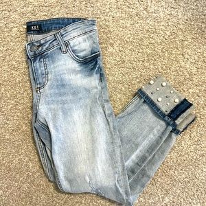 Kut from the Kloth Jeans. Pearl embellishments. Cuffed, cropped. Slight distress